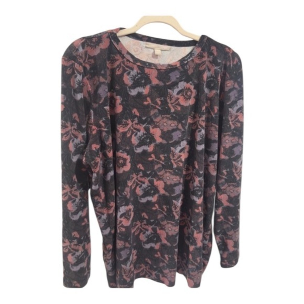 Woman Within Womens Large 18/20 Floral Long Sleeve Crew Neck Knit Top Black